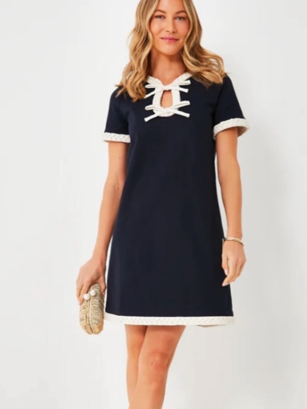 Tuckernuck Navy Blue/Cream Bow Olivia Dress L Short Sleeve Shift Mini